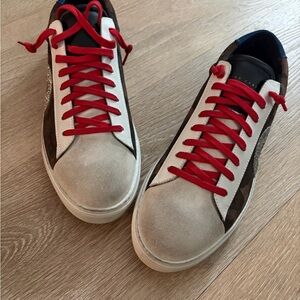 Women’s Casual Suede & Leather Sneakers in Beige, Brown & Red Laces